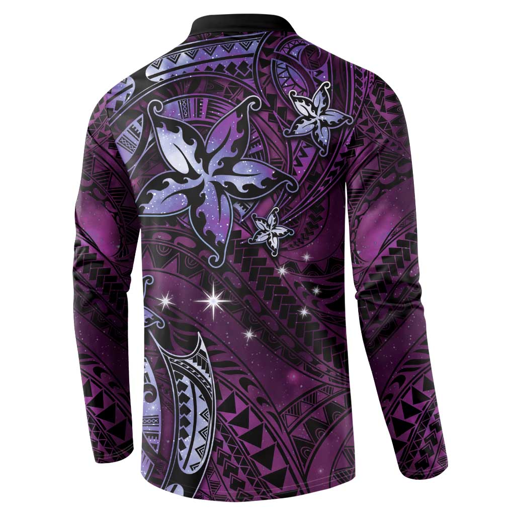 Hawaii Makahiki Season Button Sweatshirt Floral Tribal Tattoo Purple Galaxy