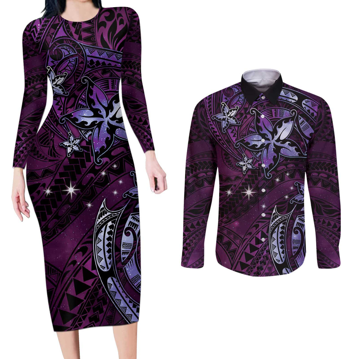 Hawaii Makahiki Season Couples Matching Long Sleeve Bodycon Dress and Long Sleeve Button Shirt Floral Tribal Tattoo Purple Galaxy