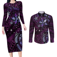 Hawaii Makahiki Season Couples Matching Long Sleeve Bodycon Dress and Long Sleeve Button Shirt Floral Tribal Tattoo Purple Galaxy