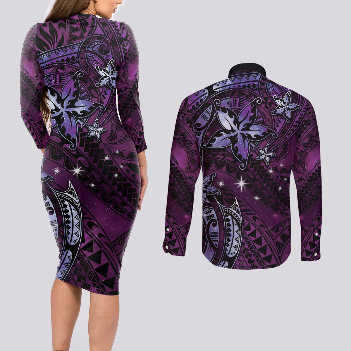 Hawaii Makahiki Season Couples Matching Long Sleeve Bodycon Dress and Long Sleeve Button Shirt Floral Tribal Tattoo Purple Galaxy