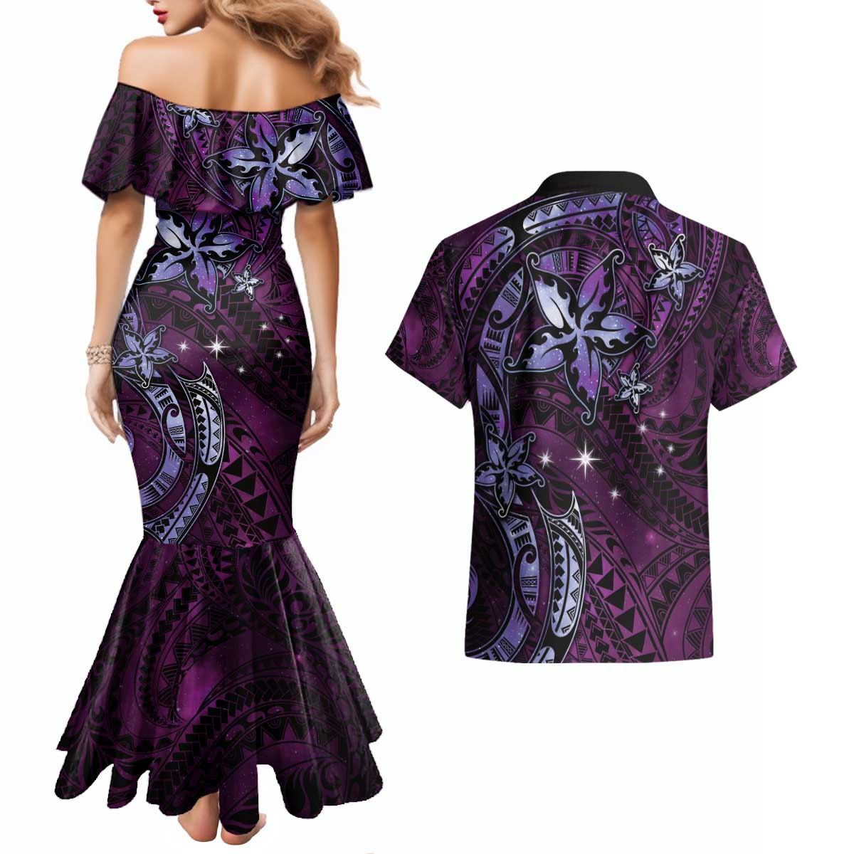 Hawaii Makahiki Season Couples Matching Mermaid Dress and Hawaiian Shirt Floral Tribal Tattoo Purple Galaxy LT05 - Polynesian Pride