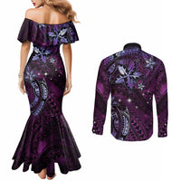 Hawaii Makahiki Season Couples Matching Mermaid Dress and Long Sleeve Button Shirt Floral Tribal Tattoo Purple Galaxy