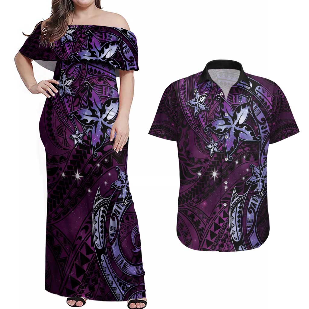 Hawaii Makahiki Season Couples Matching Off Shoulder Maxi Dress and Hawaiian Shirt Floral Tribal Tattoo Purple Galaxy