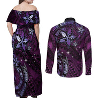 Hawaii Makahiki Season Couples Matching Off Shoulder Maxi Dress and Long Sleeve Button Shirt Floral Tribal Tattoo Purple Galaxy