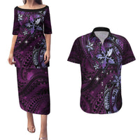 Hawaii Makahiki Season Couples Matching Puletasi and Hawaiian Shirt Floral Tribal Tattoo Purple Galaxy LT05 Purple - Polynesian Pride