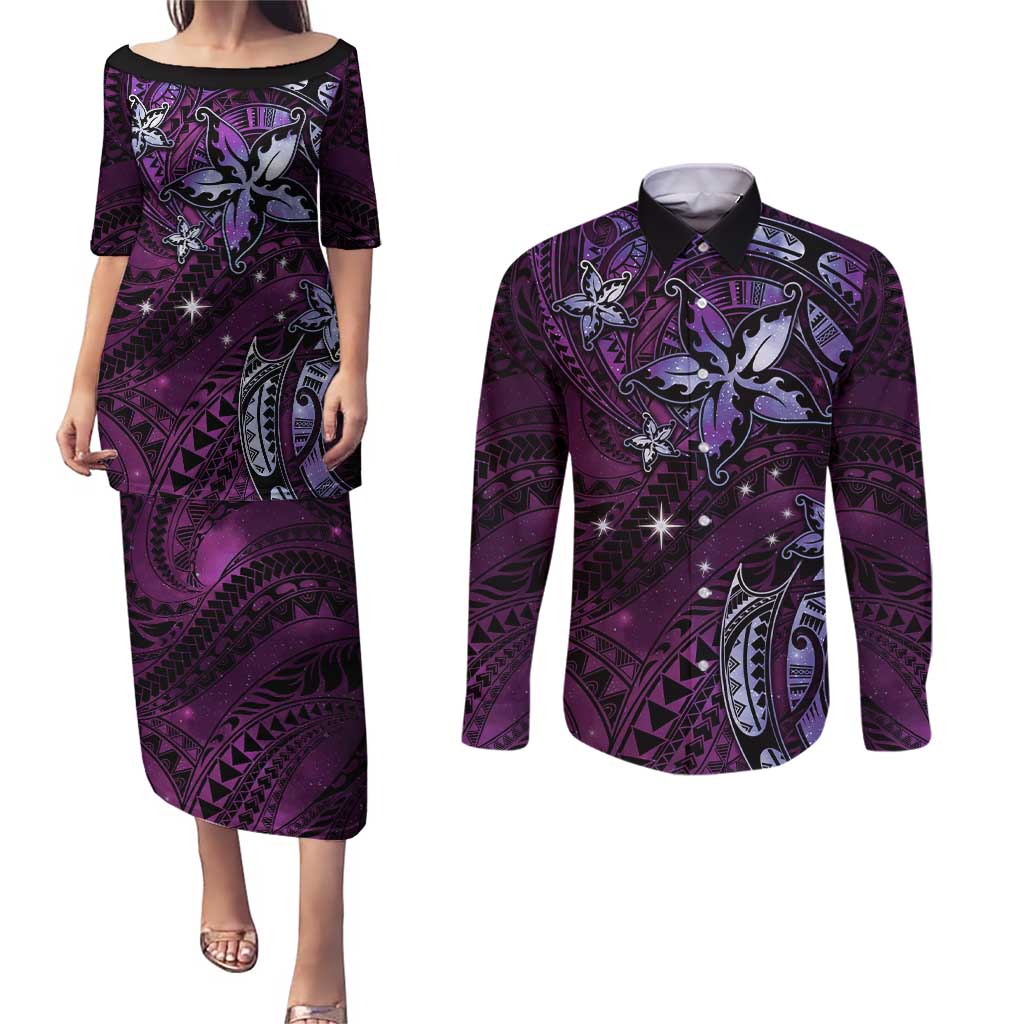 Hawaii Makahiki Season Couples Matching Puletasi and Long Sleeve Button Shirt Floral Tribal Tattoo Purple Galaxy LT05 Purple - Polynesian Pride