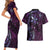 Hawaii Makahiki Season Couples Matching Short Sleeve Bodycon Dress and Hawaiian Shirt Floral Tribal Tattoo Purple Galaxy