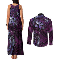 Hawaii Makahiki Season Couples Matching Tank Maxi Dress and Long Sleeve Button Shirt Floral Tribal Tattoo Purple Galaxy