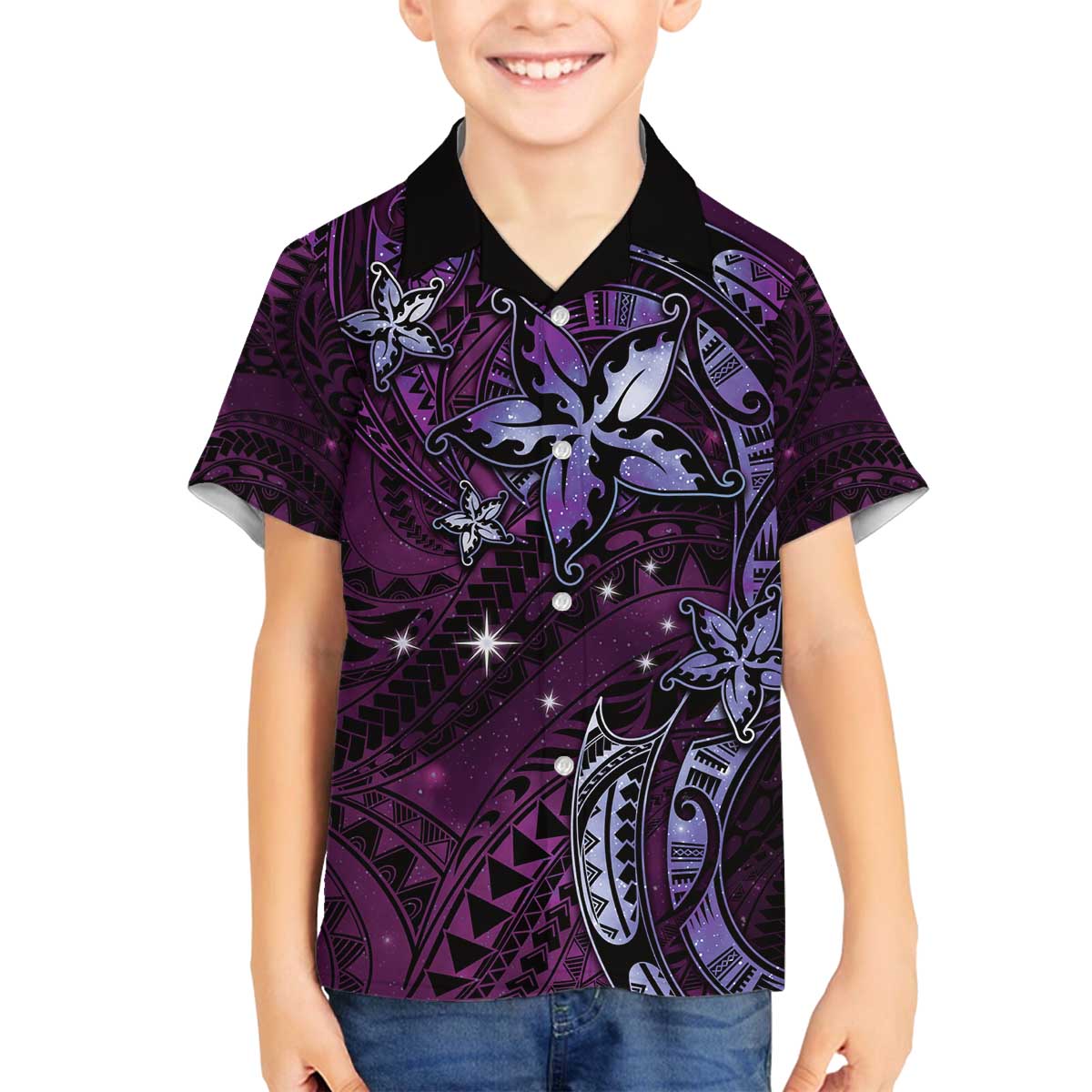 Hawaii Makahiki Season Family Matching Off The Shoulder Long Sleeve Dress and Hawaiian Shirt Floral Tribal Tattoo Purple Galaxy