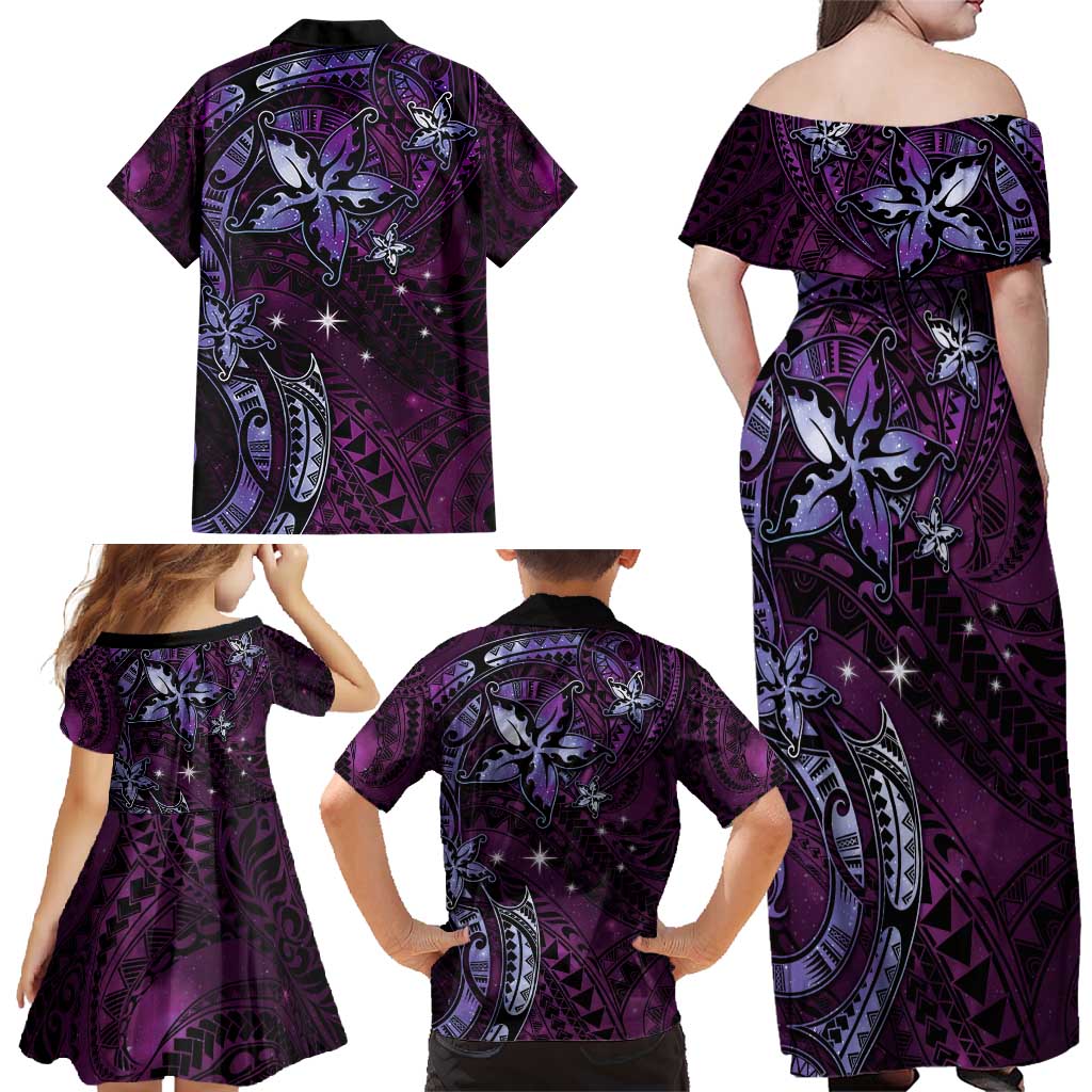 Hawaii Makahiki Season Family Matching Off Shoulder Maxi Dress and Hawaiian Shirt Floral Tribal Tattoo Purple Galaxy