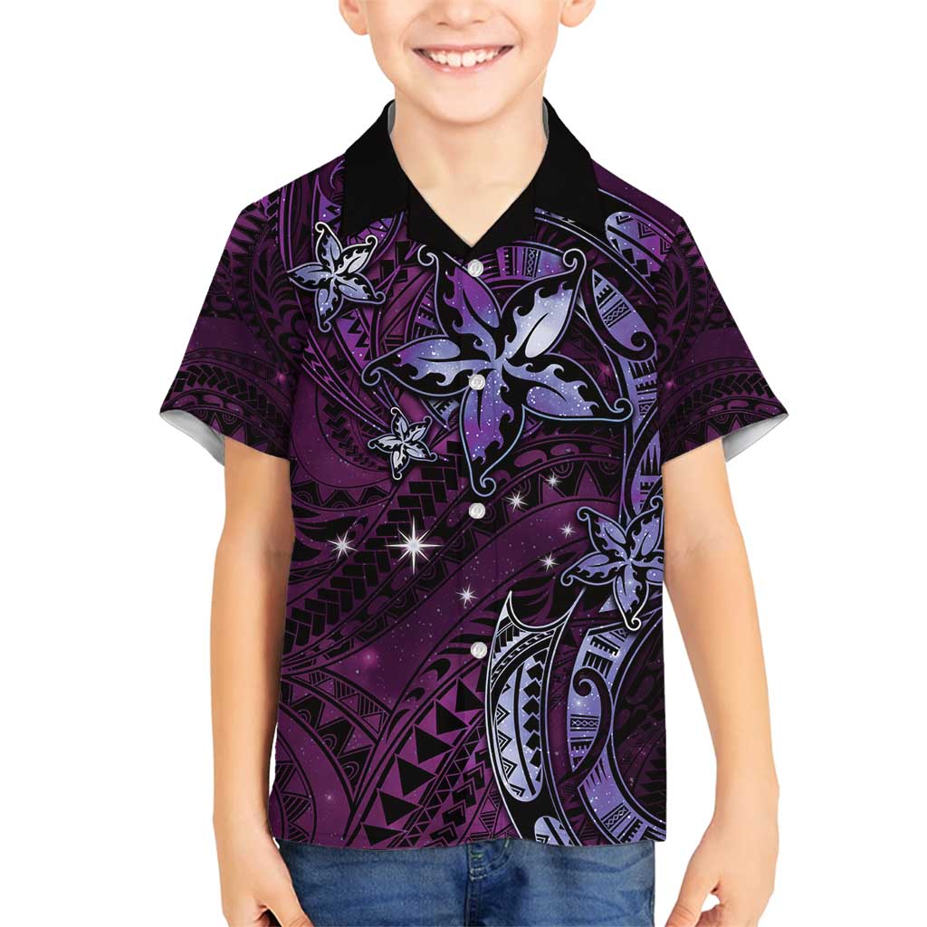 Hawaii Makahiki Season Family Matching Off Shoulder Maxi Dress and Hawaiian Shirt Floral Tribal Tattoo Purple Galaxy