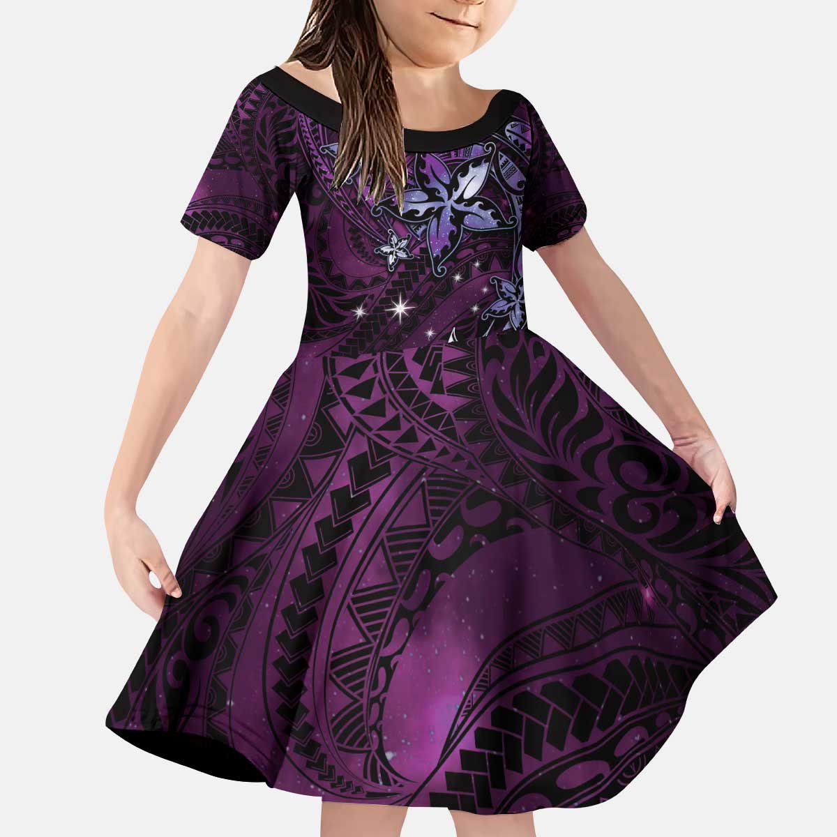 Hawaii Makahiki Season Family Matching Puletasi and Hawaiian Shirt Floral Tribal Tattoo Purple Galaxy LT05 Daughter's Dress Purple - Polynesian Pride