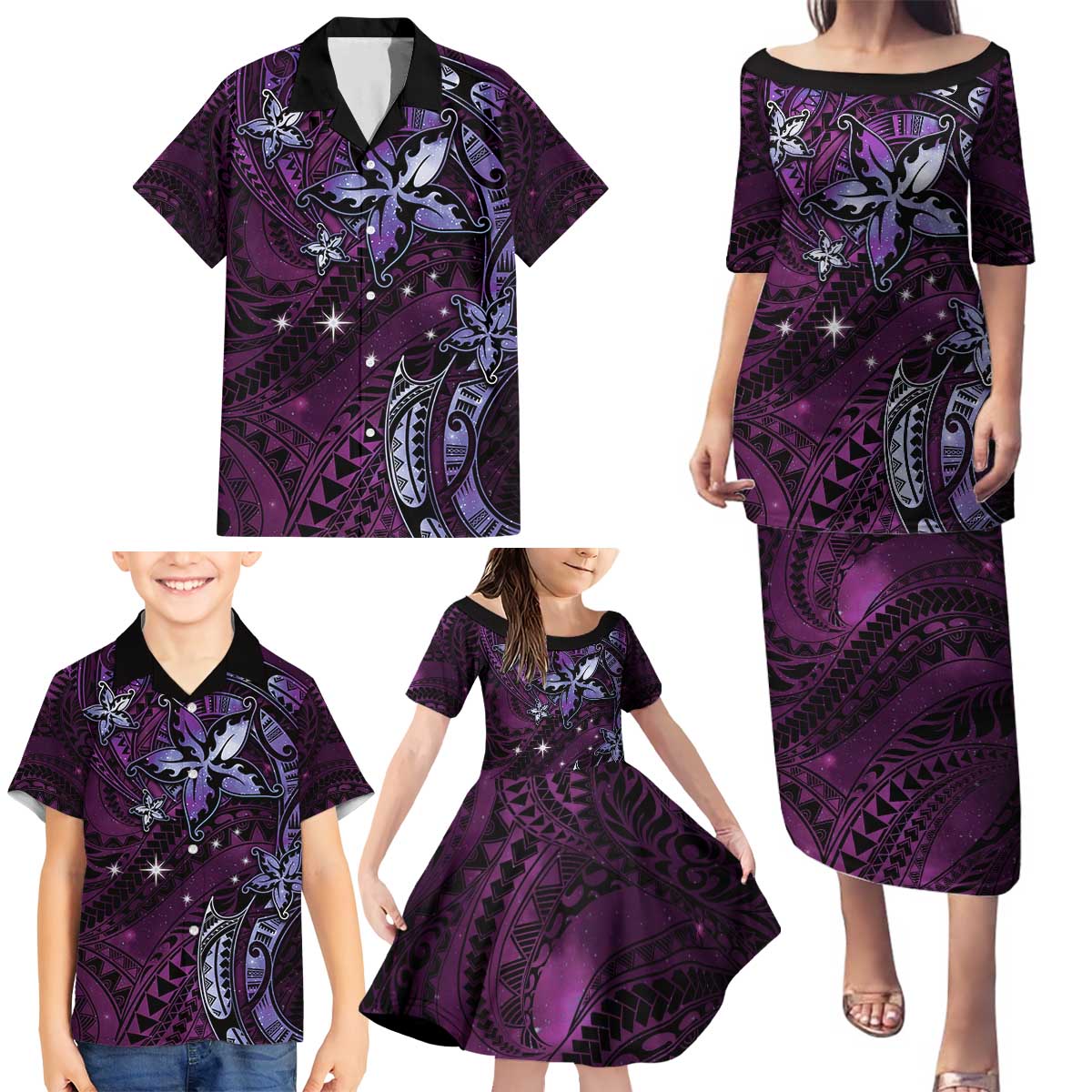 Hawaii Makahiki Season Family Matching Puletasi and Hawaiian Shirt Floral Tribal Tattoo Purple Galaxy LT05 - Polynesian Pride