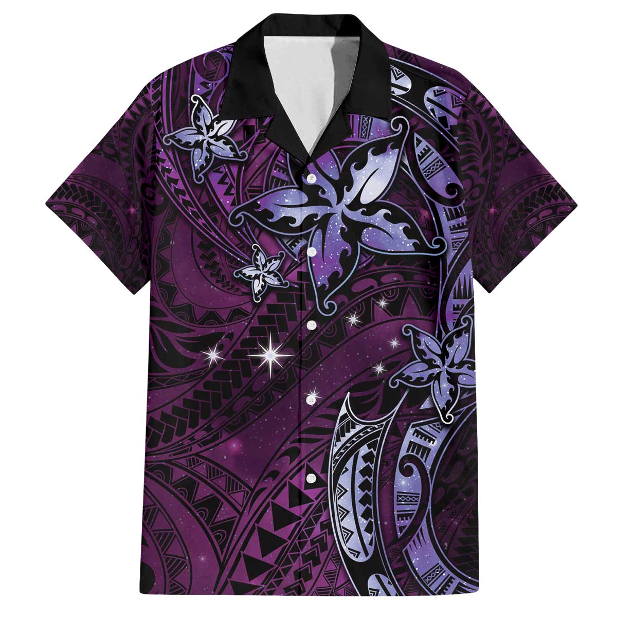 Hawaii Makahiki Season Family Matching Puletasi and Hawaiian Shirt Floral Tribal Tattoo Purple Galaxy LT05 Dad's Shirt - Short Sleeve Purple - Polynesian Pride