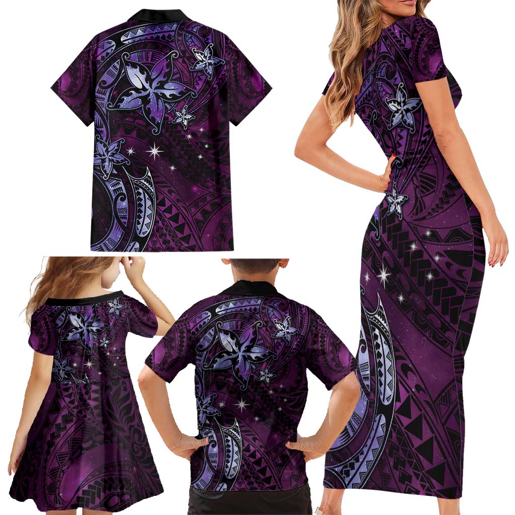 Hawaii Makahiki Season Family Matching Short Sleeve Bodycon Dress and Hawaiian Shirt Floral Tribal Tattoo Purple Galaxy