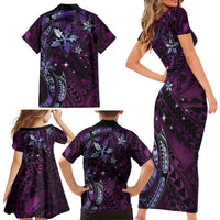 Hawaii Makahiki Season Family Matching Short Sleeve Bodycon Dress and Hawaiian Shirt Floral Tribal Tattoo Purple Galaxy