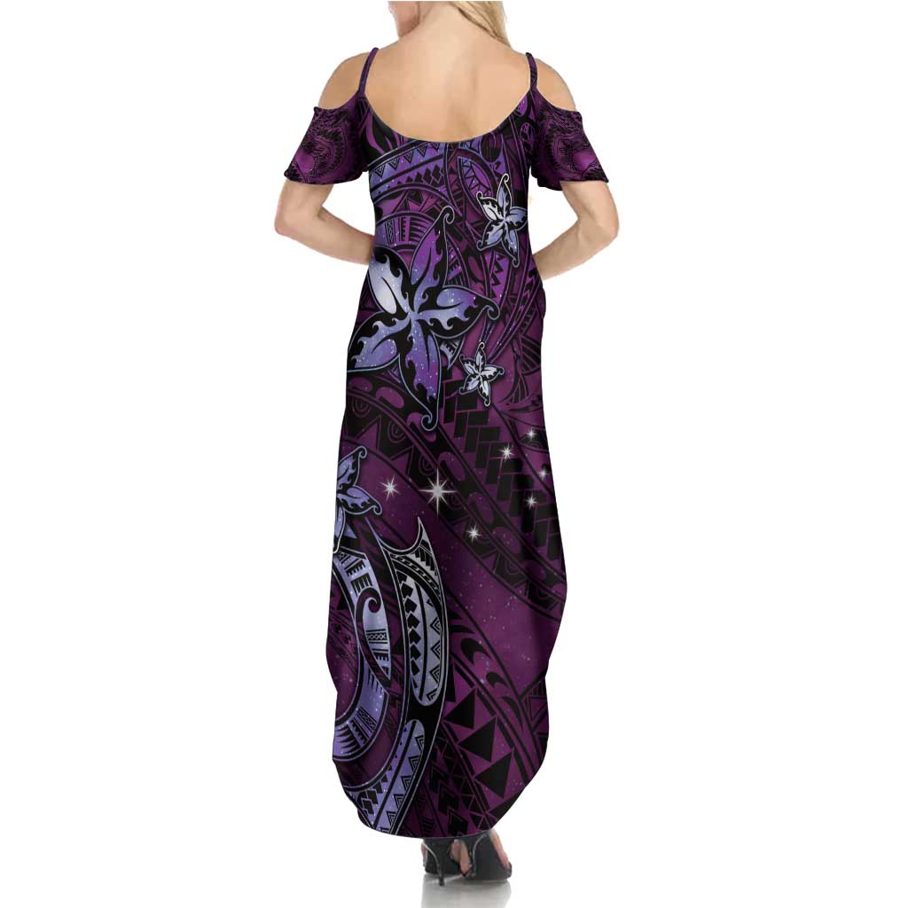 Hawaii Makahiki Season Family Matching Summer Maxi Dress and Hawaiian Shirt Floral Tribal Tattoo Purple Galaxy