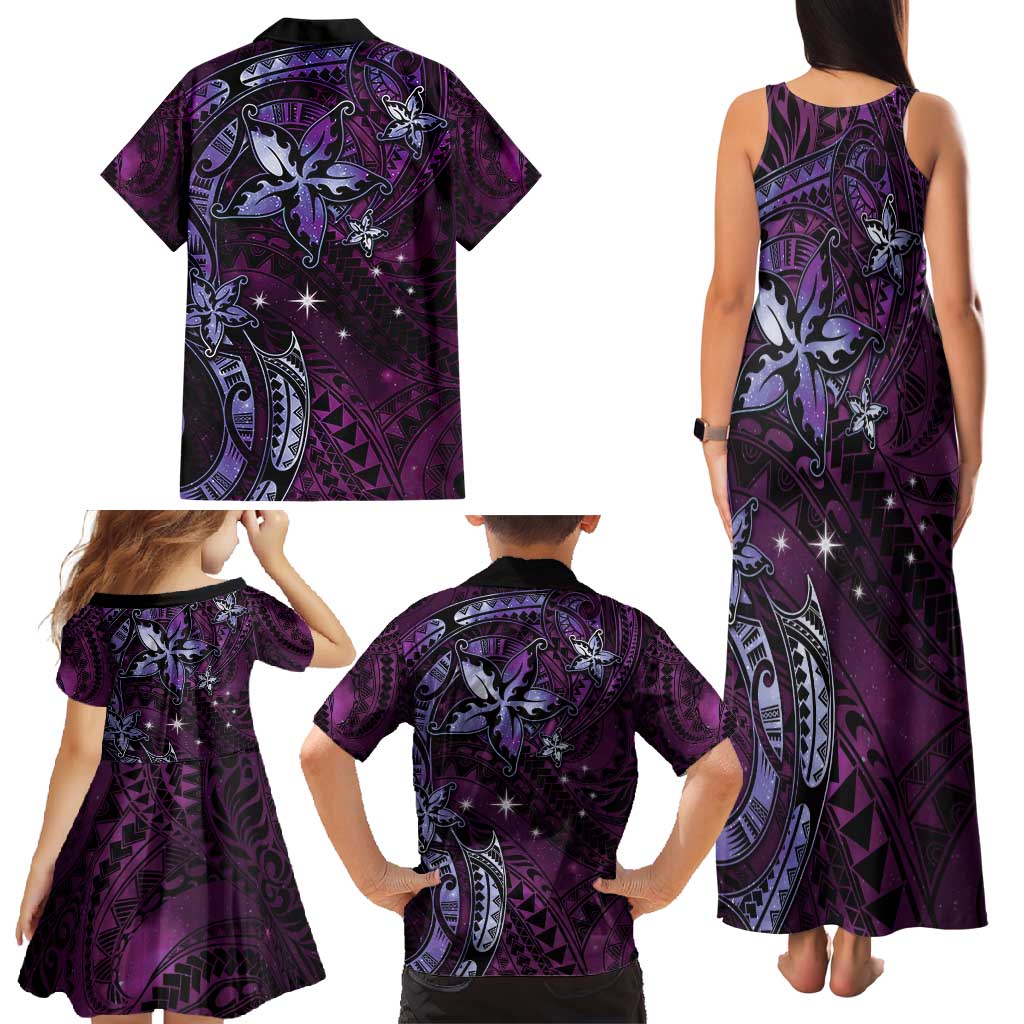 Hawaii Makahiki Season Family Matching Tank Maxi Dress and Hawaiian Shirt Floral Tribal Tattoo Purple Galaxy