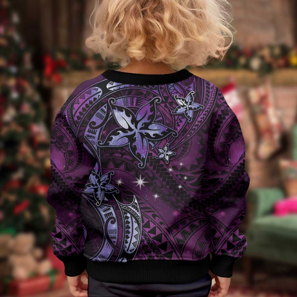 Hawaii Makahiki Season Kid Ugly Christmas Sweater Floral Tribal Tattoo Purple Galaxy