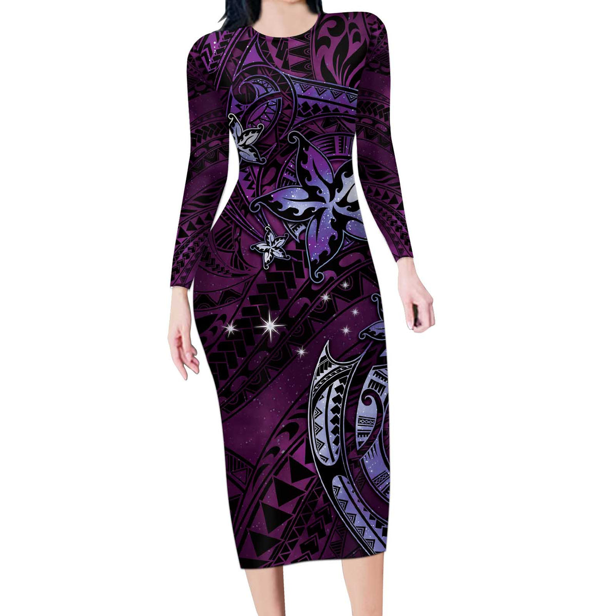 Hawaii Makahiki Season Long Sleeve Bodycon Dress Floral Tribal Tattoo Purple Galaxy LT05 Long Dress Purple - Polynesian Pride