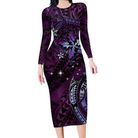 Hawaii Makahiki Season Long Sleeve Bodycon Dress Floral Tribal Tattoo Purple Galaxy LT05 Long Dress Purple - Polynesian Pride