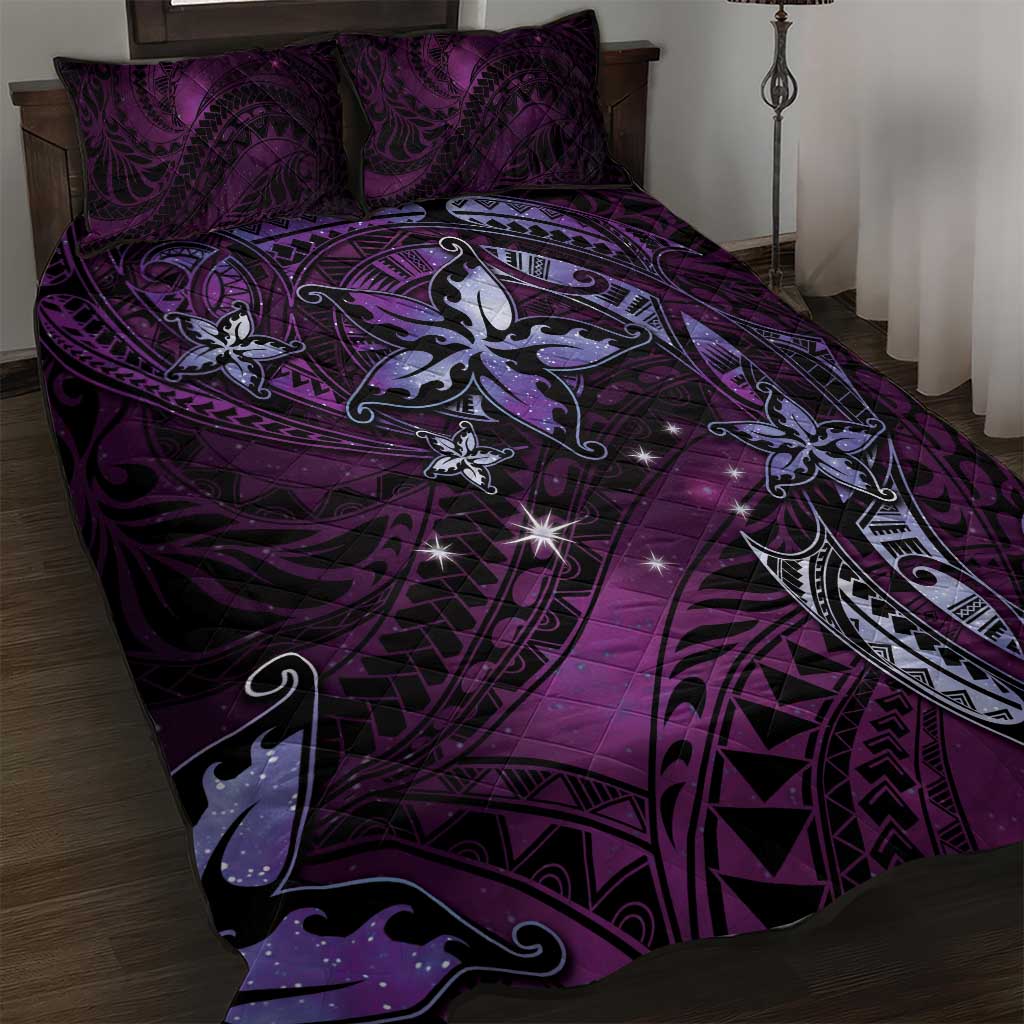 Hawaii Makahiki Season Quilt Bed Set Floral Tribal Tattoo Purple Galaxy