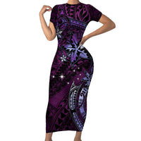 Hawaii Makahiki Season Short Sleeve Bodycon Dress Floral Tribal Tattoo Purple Galaxy LT05 Long Dress Purple - Polynesian Pride