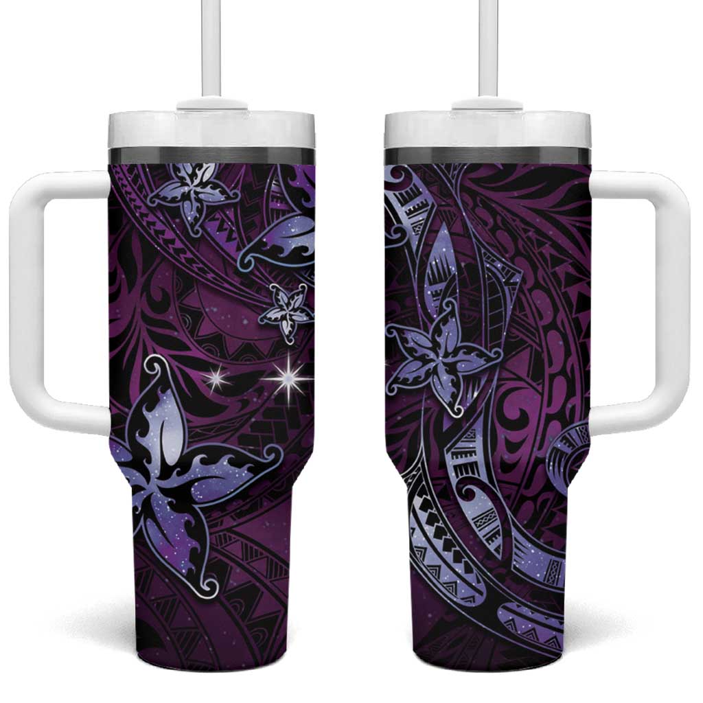 Hawaii Makahiki Season Tumbler With Handle Floral Tribal Tattoo Purple Galaxy