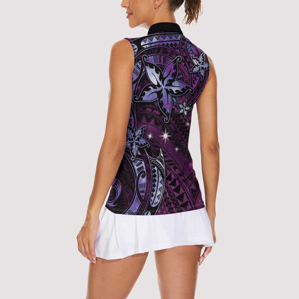 Hawaii Makahiki Season Women Sleeveless Polo Shirt Floral Tribal Tattoo Purple Galaxy LT05 - Polynesian Pride