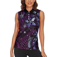 Hawaii Makahiki Season Women Sleeveless Polo Shirt Floral Tribal Tattoo Purple Galaxy LT05 - Polynesian Pride