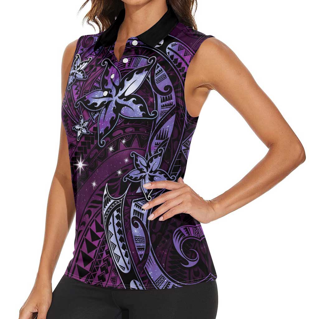Hawaii Makahiki Season Women Sleeveless Polo Shirt Floral Tribal Tattoo Purple Galaxy LT05 - Polynesian Pride
