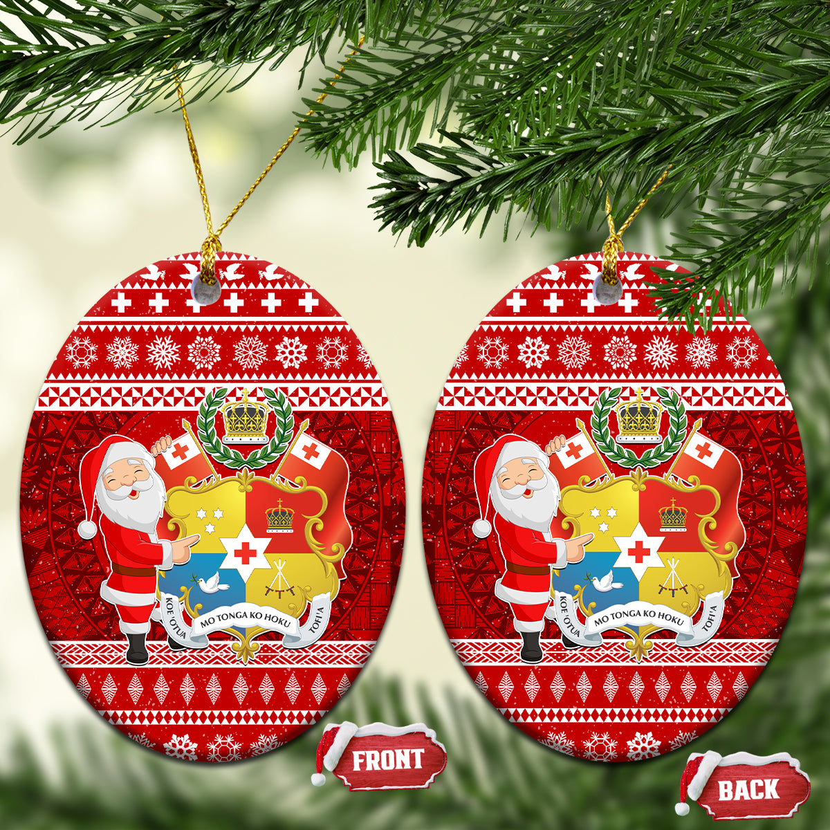 Tonga Christmas Ceramic Ornament Kilisimasi Fiefia Santas Coat Of Arms LT05 Oval Red - Polynesian Pride