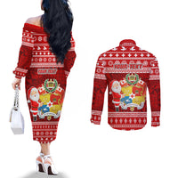 Personalized Tonga Christmas Couples Matching Off The Shoulder Long Sleeve Dress and Long Sleeve Button Shirts Kilisimasi Fiefia Santas Coat Of Arms LT05 - Polynesian Pride