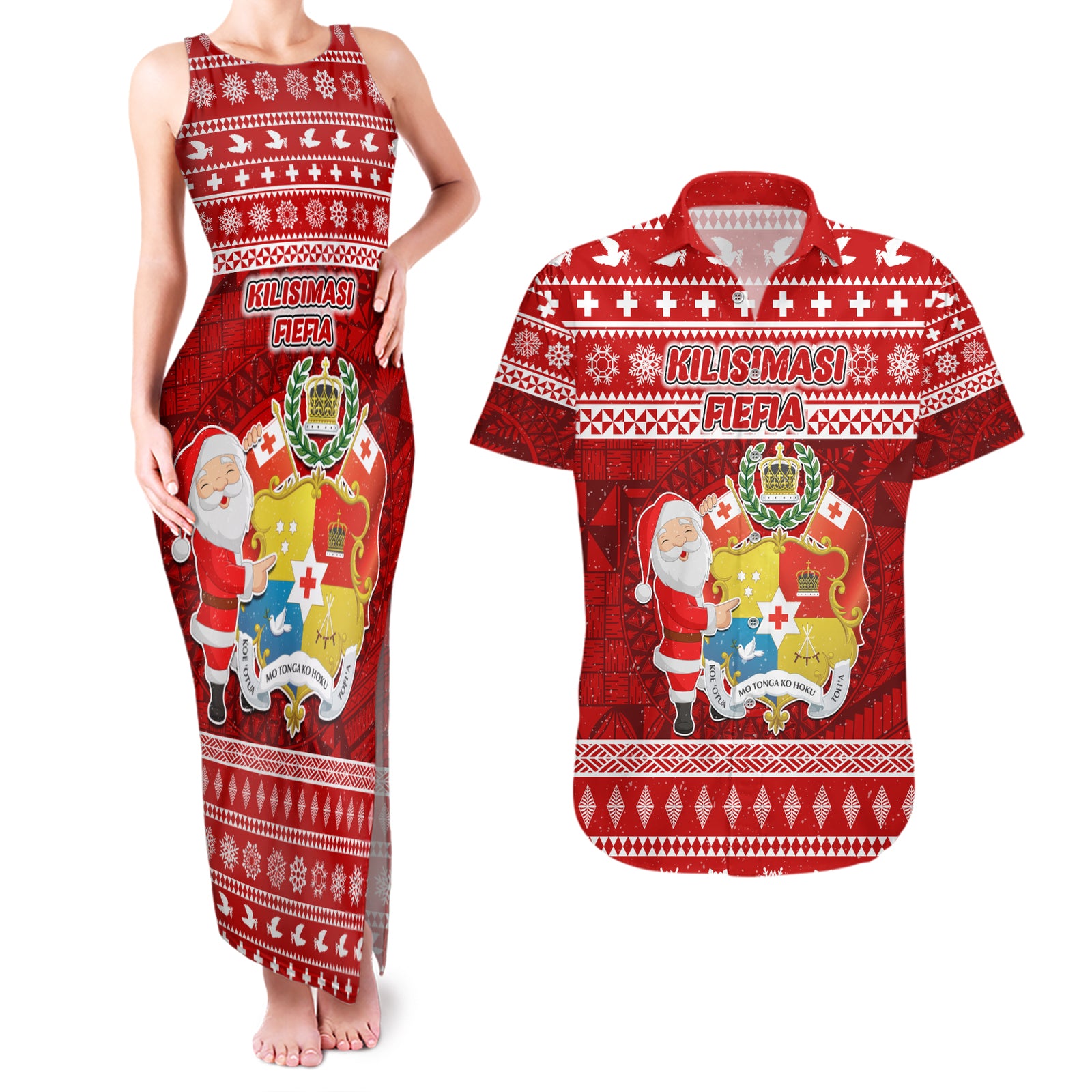 Personalized Tonga Christmas Couples Matching Tank Maxi Dress and Hawaiian Shirt Kilisimasi Fiefia Santas Coat Of Arms LT05 Red - Polynesian Pride