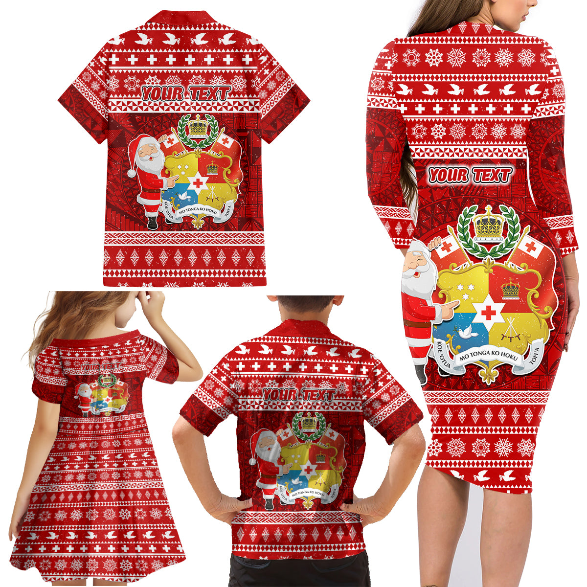 Personalized Tonga Christmas Family Matching Long Sleeve Bodycon Dress and Hawaiian Shirt Kilisimasi Fiefia Santas Coat Of Arms LT05 - Polynesian Pride