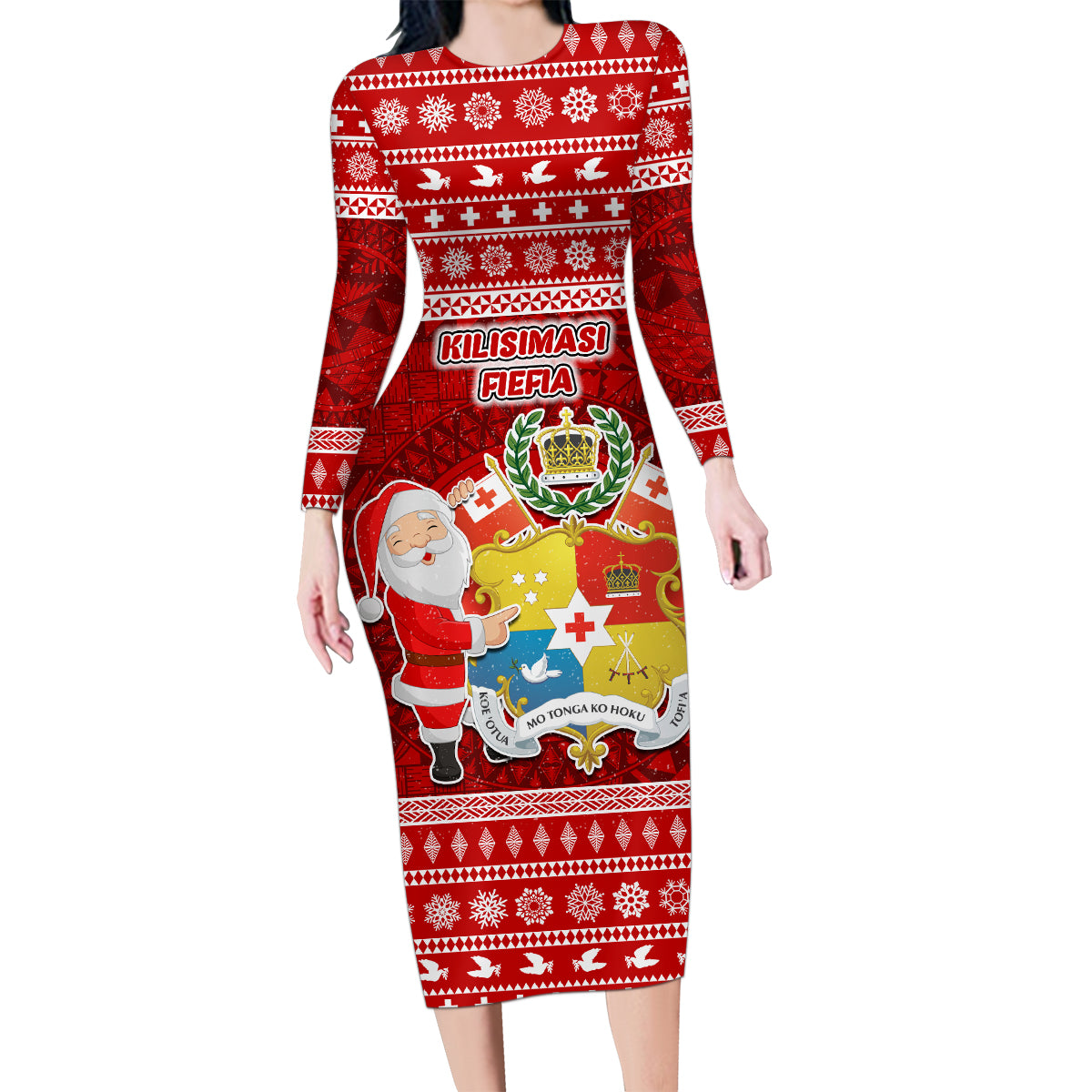 Personalized Tonga Christmas Family Matching Long Sleeve Bodycon Dress and Hawaiian Shirt Kilisimasi Fiefia Santas Coat Of Arms LT05 Mom's Dress Red - Polynesian Pride