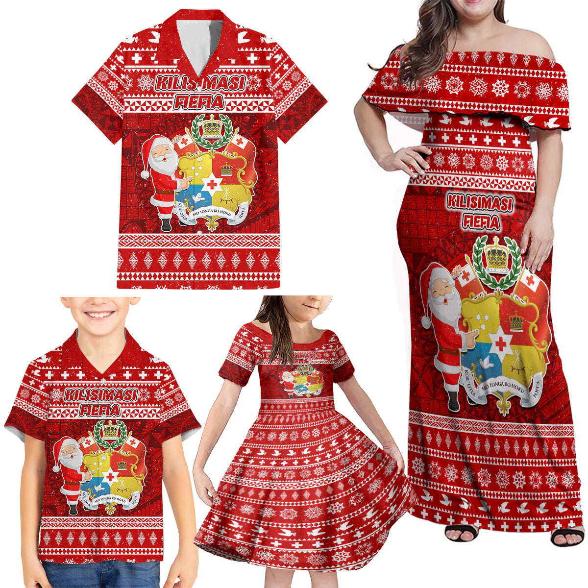 Personalized Tonga Christmas Family Matching Off Shoulder Maxi Dress and Hawaiian Shirt Kilisimasi Fiefia Santas Coat Of Arms LT05 - Polynesian Pride