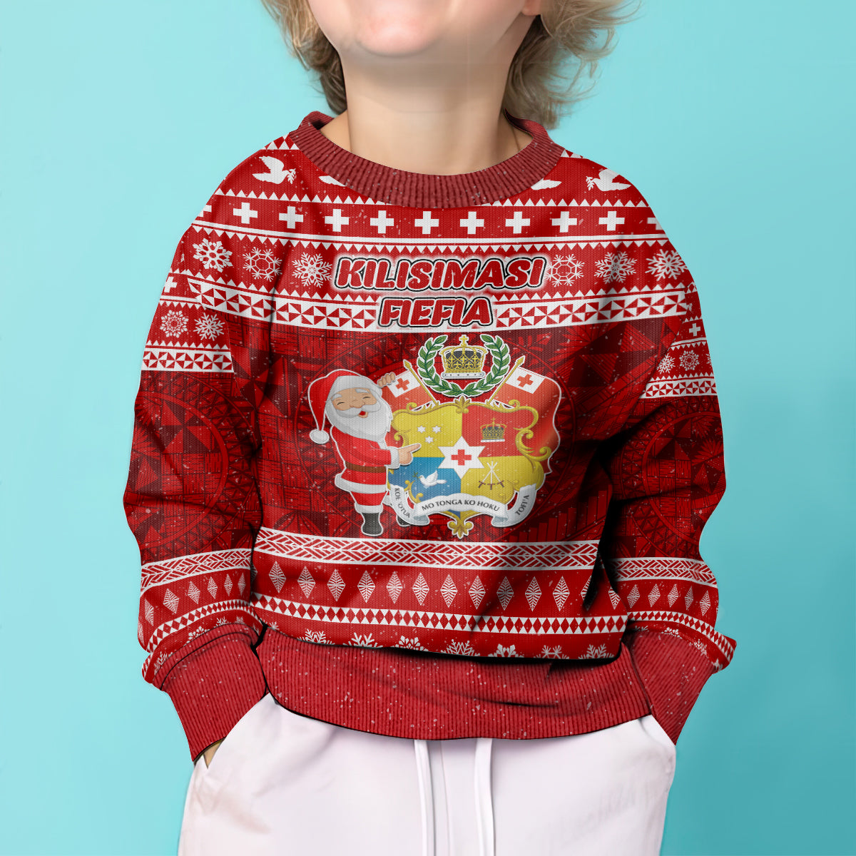 Personalised Tonga Christmas Kid Ugly Christmas Sweater Kilisimasi Fiefia Santas Coat Of Arms LT05 - Polynesian Pride