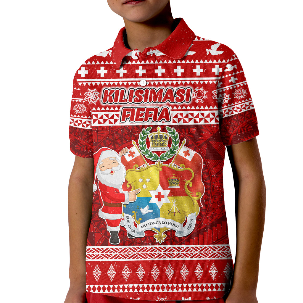 Personalized Tonga Christmas Kid Polo Shirt Kilisimasi Fiefia Santas Coat Of Arms LT05 Kid Red - Polynesian Pride