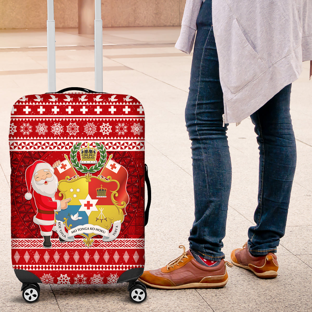Tonga Christmas Luggage Cover Kilisimasi Fiefia Santas Coat Of Arms LT05 Red - Polynesian Pride