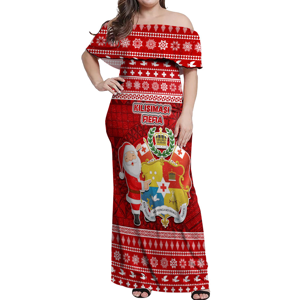 Personalized Tonga Christmas Off Shoulder Maxi Dress Kilisimasi Fiefia Santas Coat Of Arms LT05 Women Red - Polynesian Pride