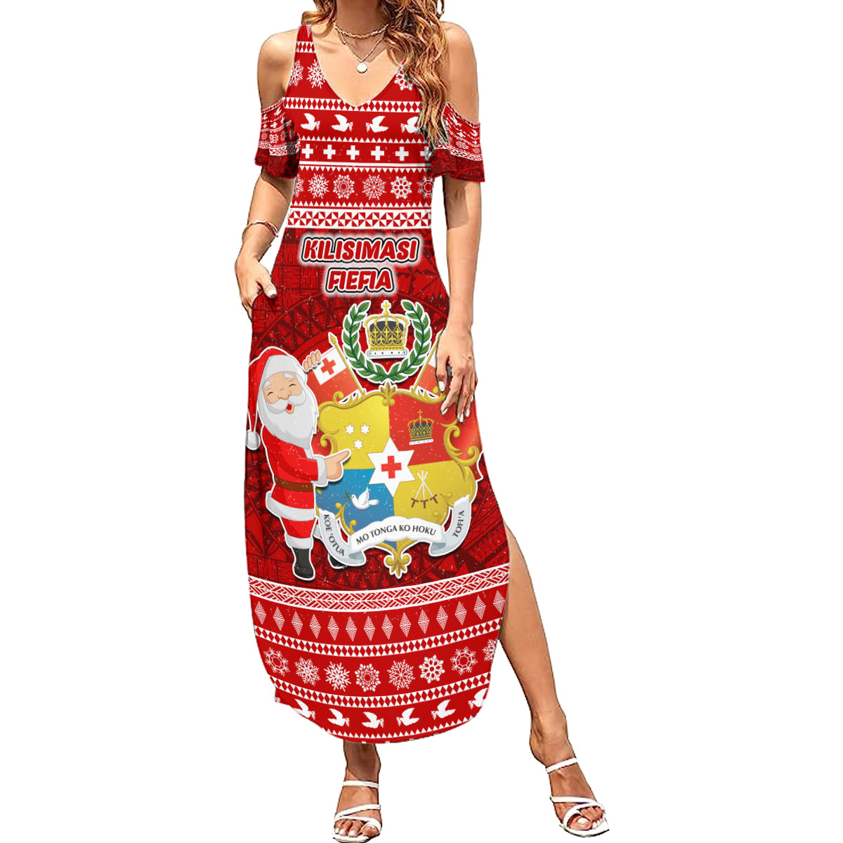 Personalized Tonga Christmas Summer Maxi Dress Kilisimasi Fiefia Santas Coat Of Arms LT05 Women Red - Polynesian Pride