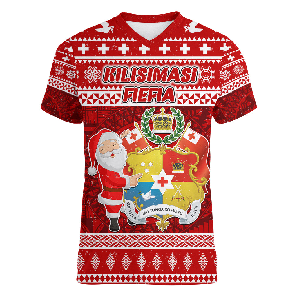 Personalized Tonga Christmas Women V Neck T Shirt Kilisimasi Fiefia Santas Coat Of Arms LT05 Female Red - Polynesian Pride