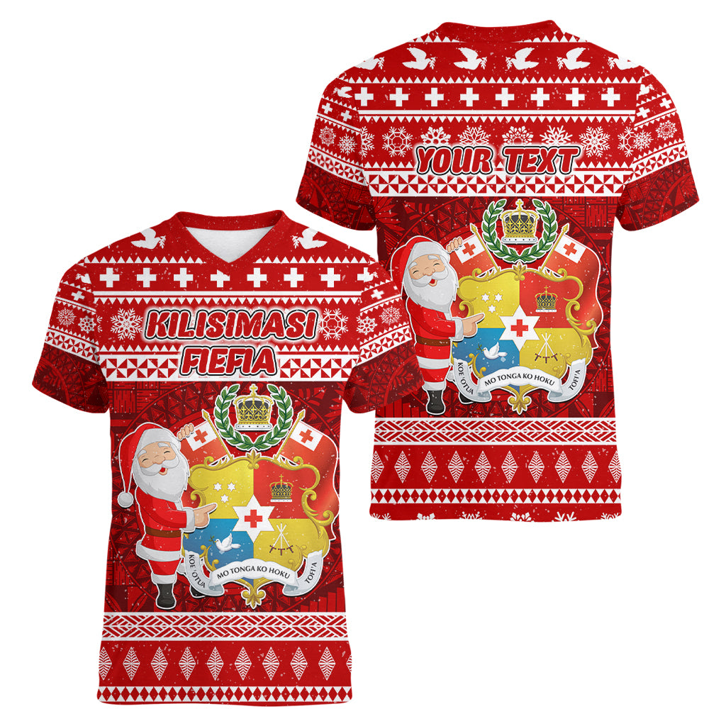 Personalized Tonga Christmas Women V Neck T Shirt Kilisimasi Fiefia Santas Coat Of Arms LT05 - Polynesian Pride