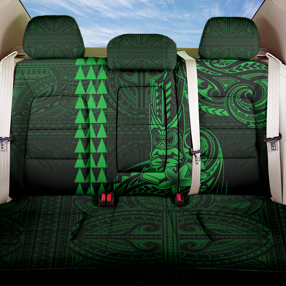 Hawaii Hauoli Makahiki Hou Back Car Seat Cover Lono Hawaiian God Kakau Polynesian Tribal Green LT05 One Size Green - Polynesian Pride