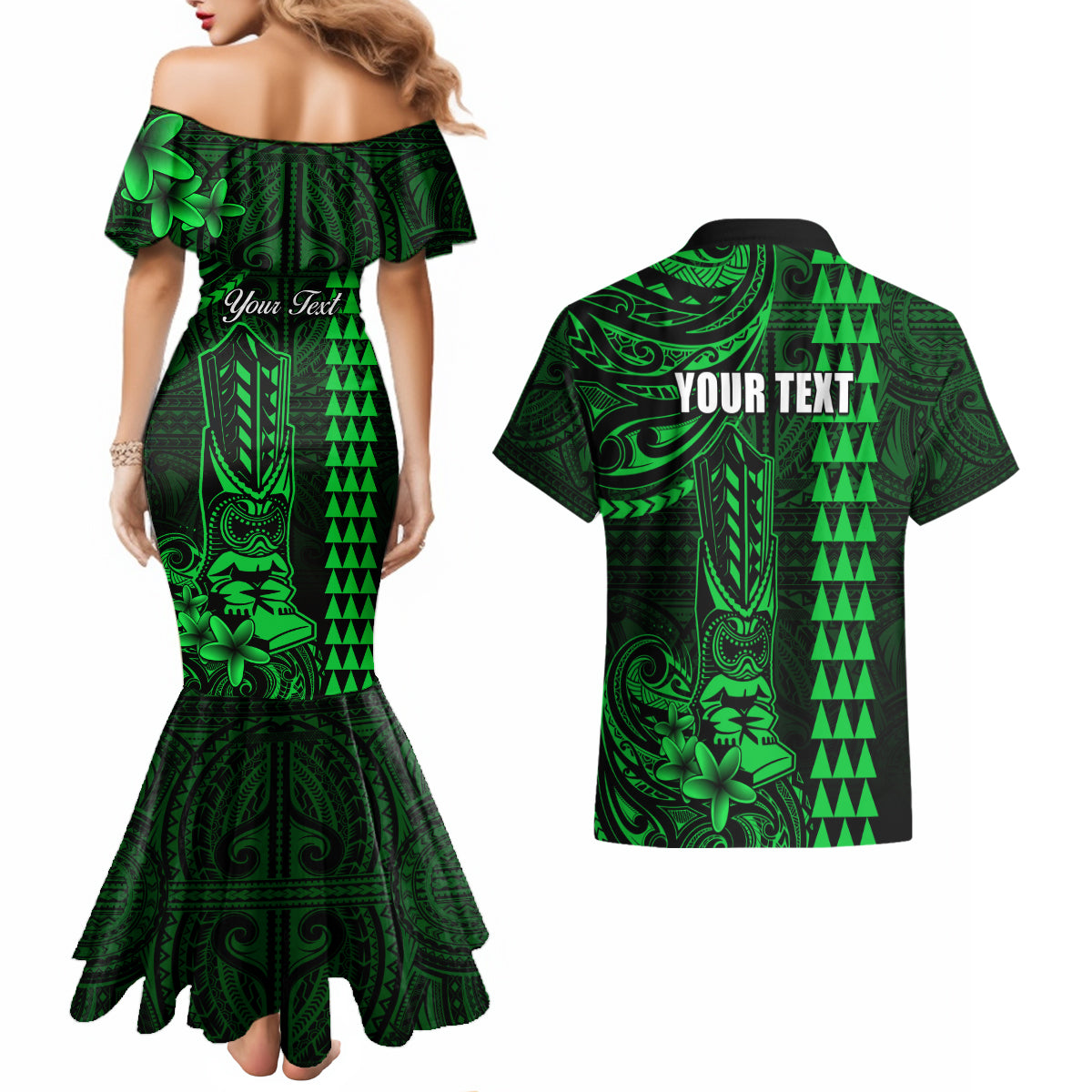 Personalized Hawaii Hauoli Makahiki Hou Couples Matching Mermaid Dress and Hawaiian Shirt Lono Hawaiian God Kakau Polynesian Tribal Green LT05 - Polynesian Pride