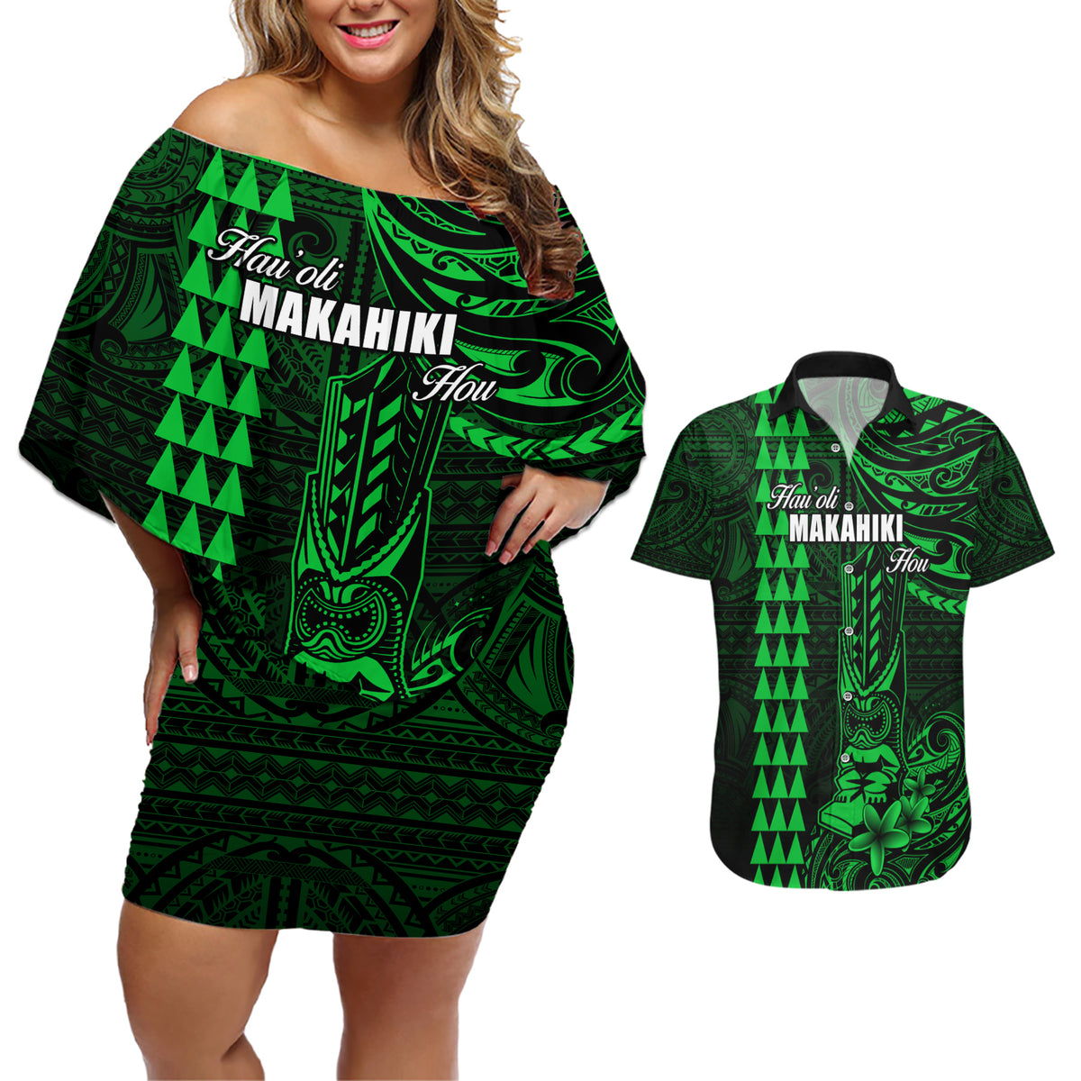 Personalized Hawaii Hauoli Makahiki Hou Couples Matching Off Shoulder Short Dress and Hawaiian Shirt Lono Hawaiian God Kakau Polynesian Tribal Green LT05 Green - Polynesian Pride