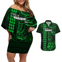 Personalized Hawaii Hauoli Makahiki Hou Couples Matching Off Shoulder Short Dress and Hawaiian Shirt Lono Hawaiian God Kakau Polynesian Tribal Green LT05 Green - Polynesian Pride