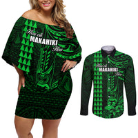 Personalized Hawaii Hauoli Makahiki Hou Couples Matching Off Shoulder Short Dress and Long Sleeve Button Shirts Lono Hawaiian God Kakau Polynesian Tribal Green LT05 Green - Polynesian Pride