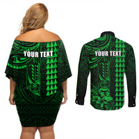 Personalized Hawaii Hauoli Makahiki Hou Couples Matching Off Shoulder Short Dress and Long Sleeve Button Shirts Lono Hawaiian God Kakau Polynesian Tribal Green LT05 - Polynesian Pride